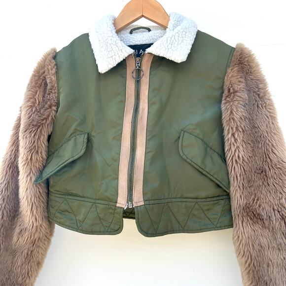 Shaci Cropped Bomber Jacket Faux Fur Sleeves Olive Green Small Streetwear - Picture 5 of 13